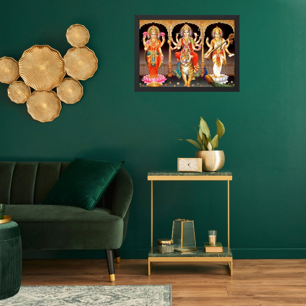 Goddess Durgadevi with Mahalaxmi and Saraswathi devi Wall Art - Durgadevi with Mahalaxmi and Saraswathi devi Hindu God Photo Frame