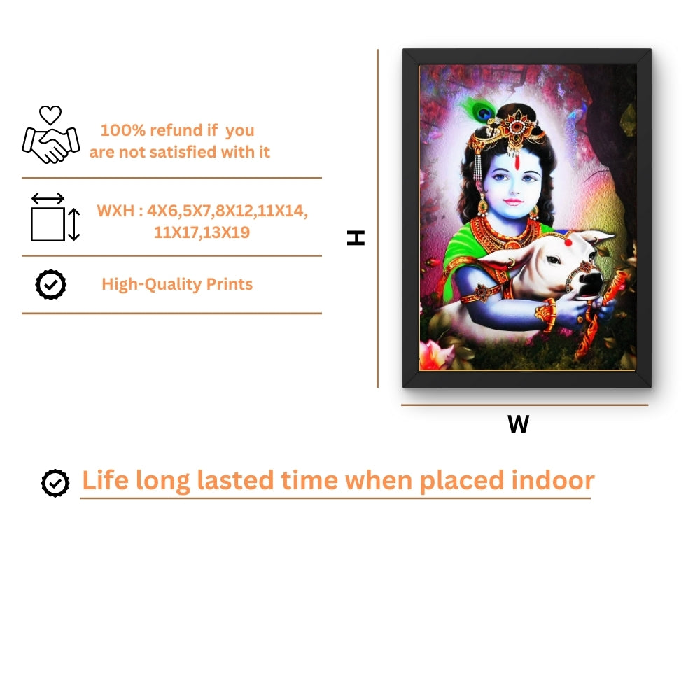 Bal Krishna with Cow Wall Art – Lord Krishna Hindu God Devotional Photo Frame