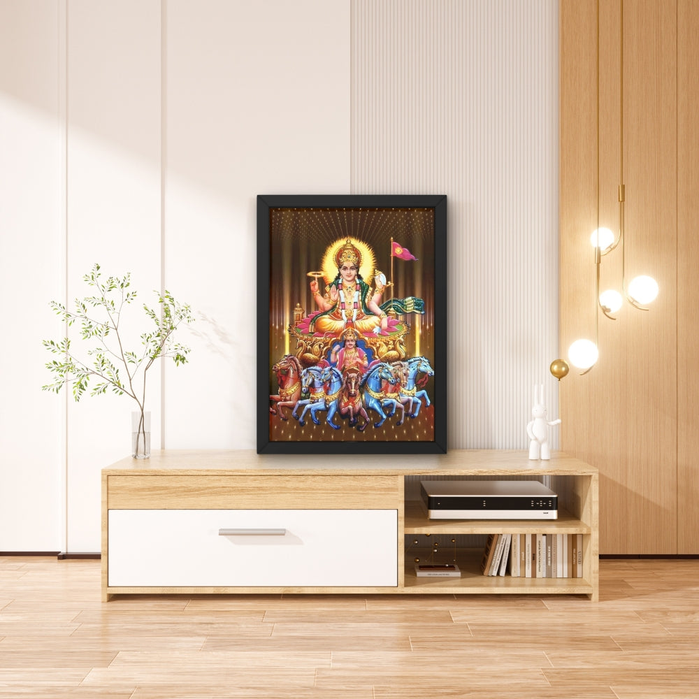 Surya Dev Wall Art – Lord Surya with Seven Horses Hindu God Photo Frame for Home & Puja Room