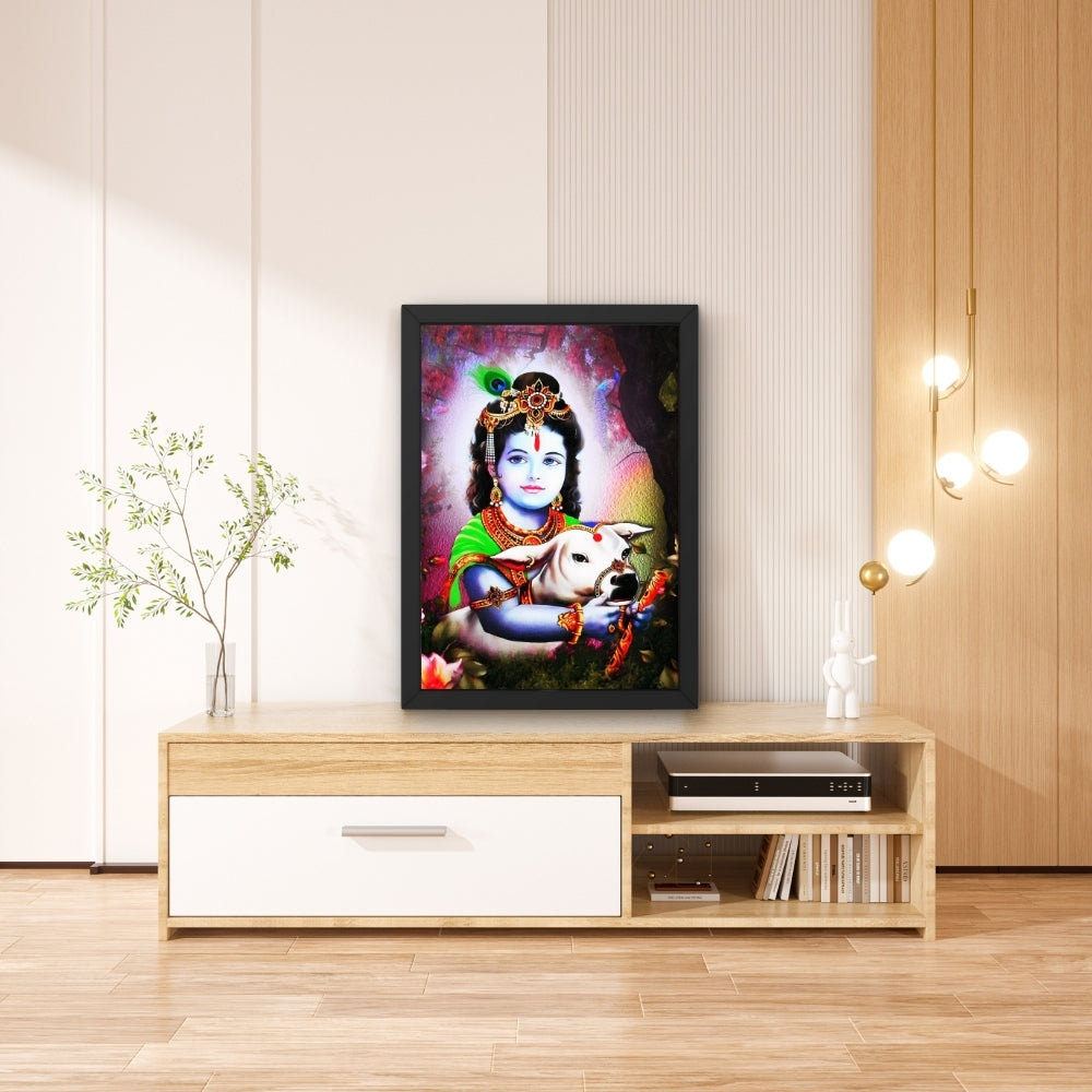 Bal Krishna with Cow Wall Art – Lord Krishna Hindu God Devotional Photo Frame