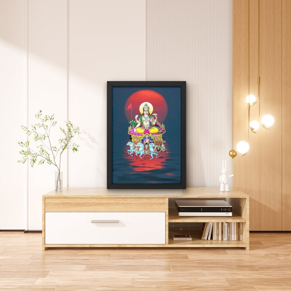 Surya Dev Wall Art – Lord Surya with Seven Horses Hindu God Photo Frame for Home & Puja Room
