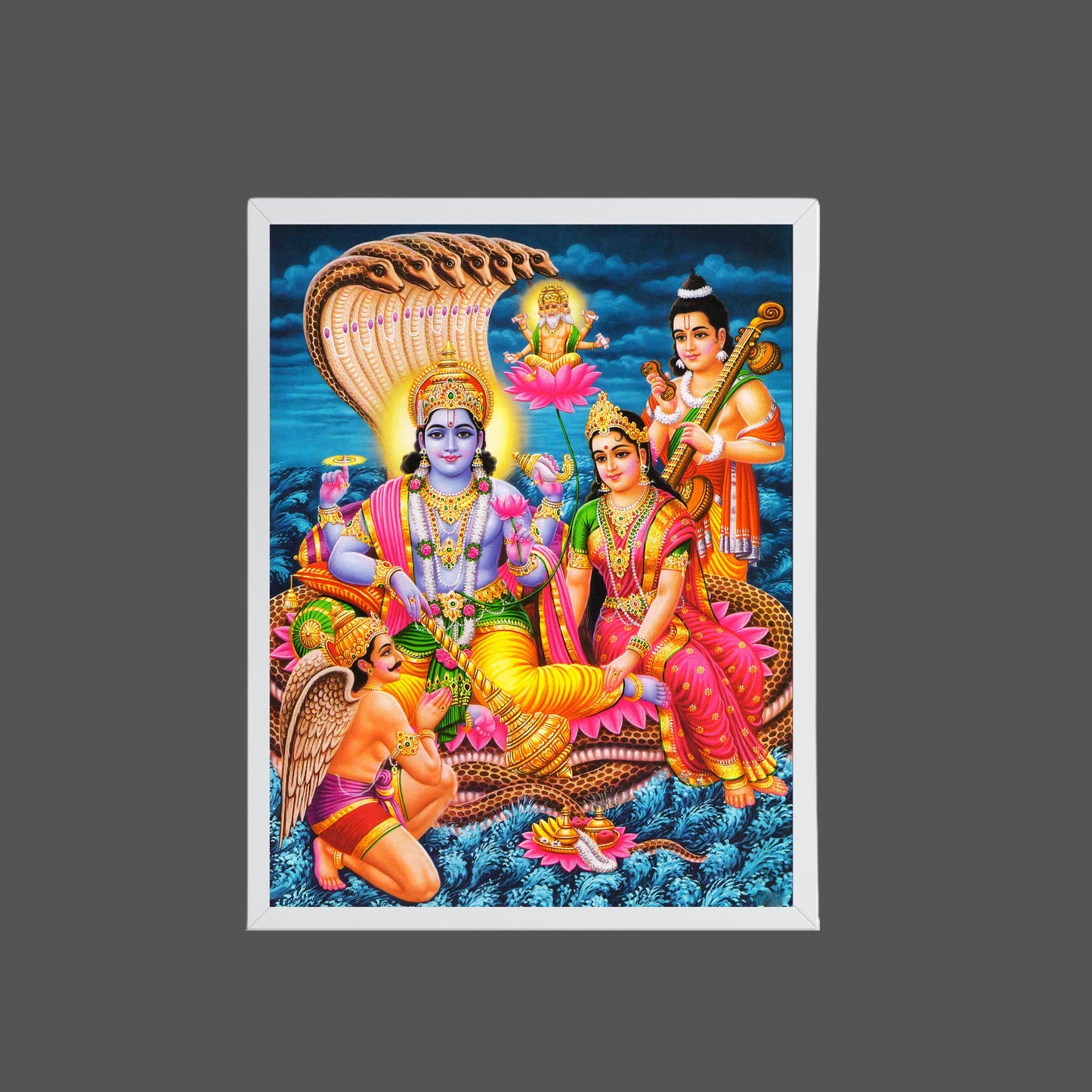 Lord Vishnu Lakshmi Sheshnag Wall Art – Hindu God Vishnu with Goddess Lakshmi Traditional Photo Frame