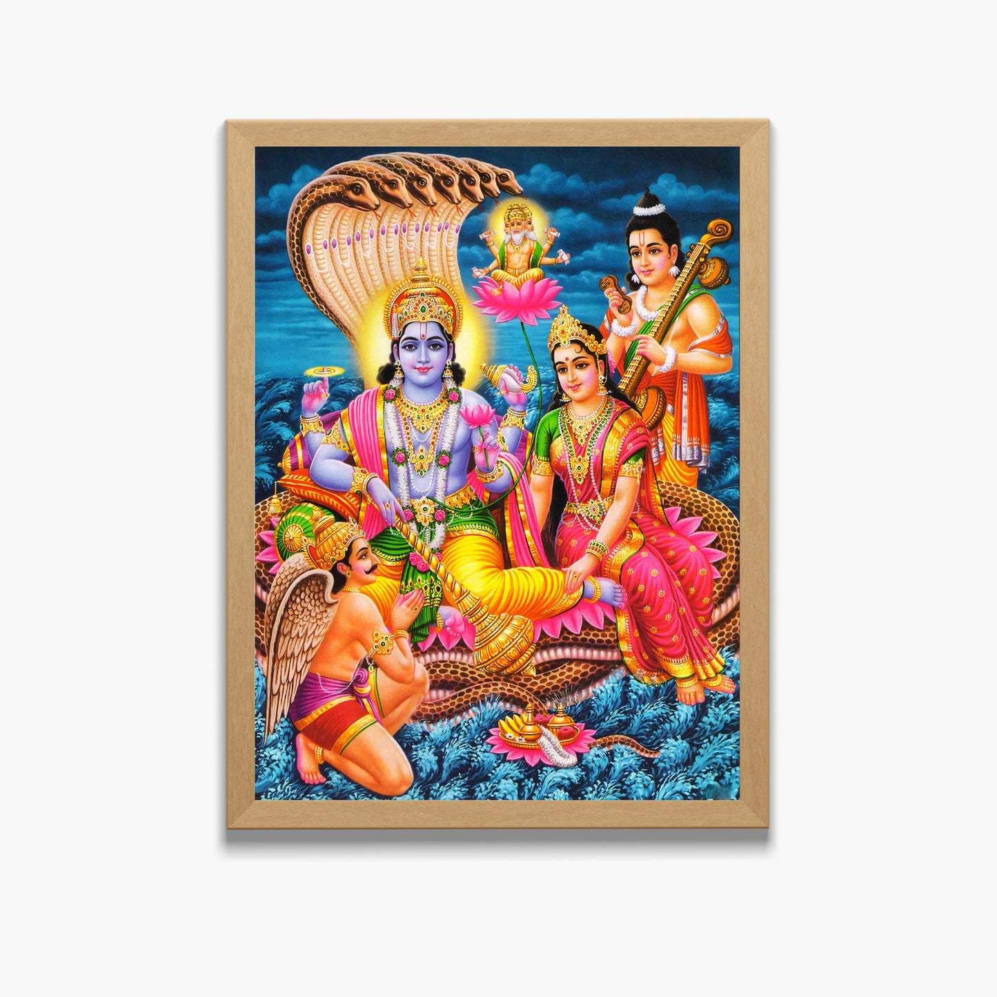 Lord Vishnu Lakshmi Sheshnag Wall Art – Hindu God Vishnu with Goddess Lakshmi Traditional Photo Frame