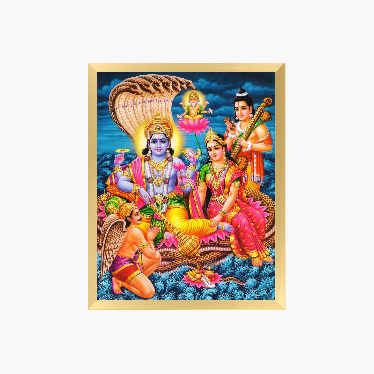 Lord Vishnu Lakshmi Sheshnag Wall Art – Hindu God Vishnu with Goddess Lakshmi Traditional Photo Frame
