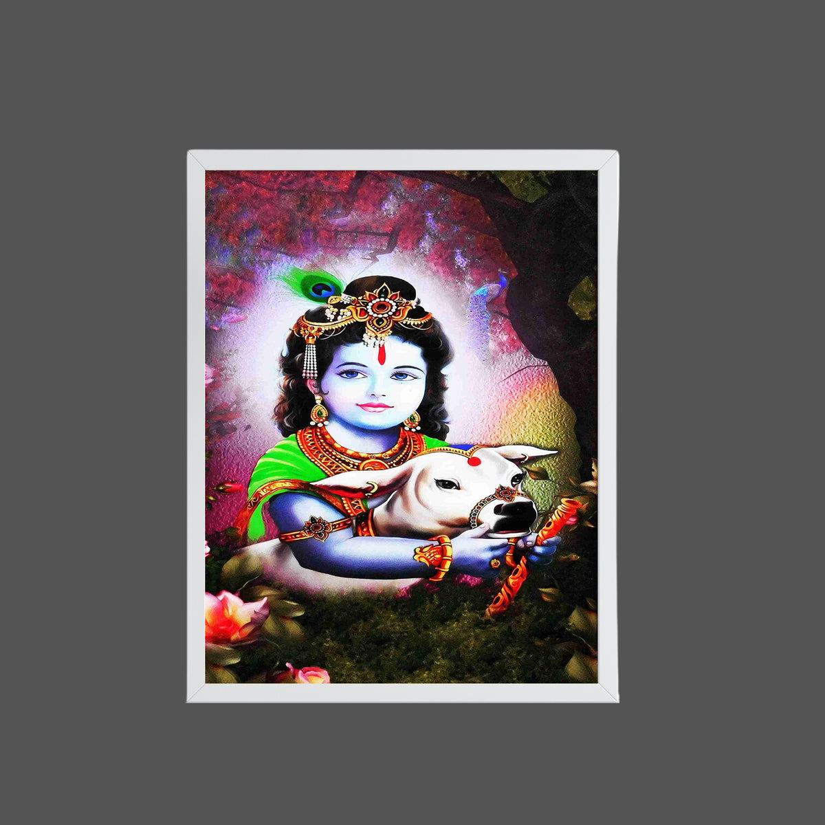 Bal Krishna with Cow Wall Art – Lord Krishna Hindu God Devotional Photo Frame