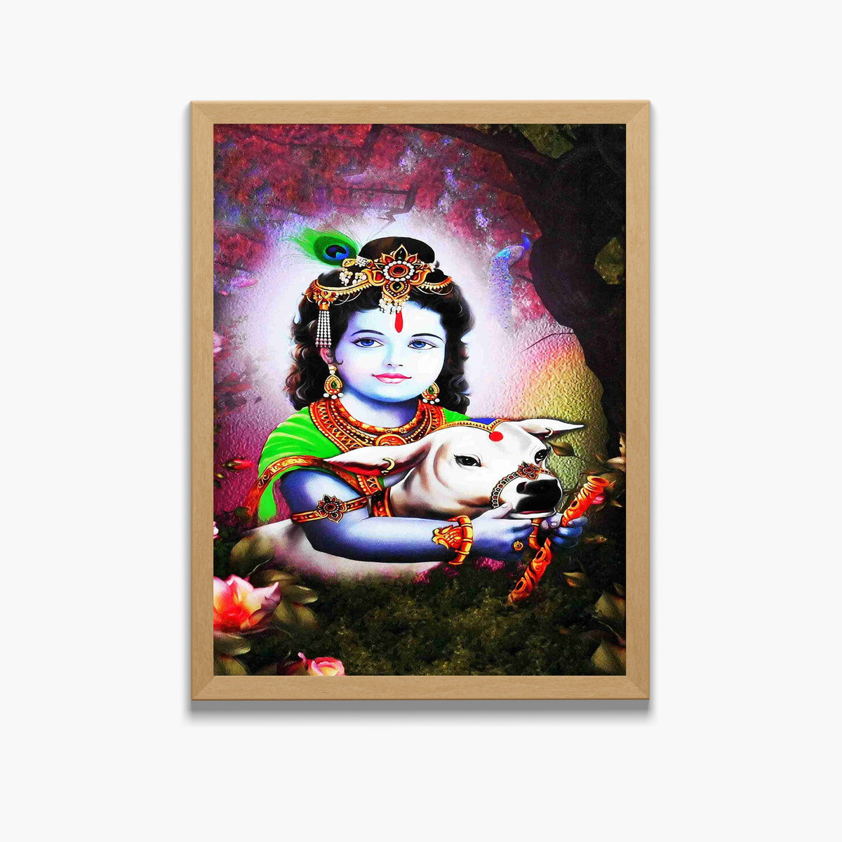 Bal Krishna with Cow Wall Art – Lord Krishna Hindu God Devotional Photo Frame