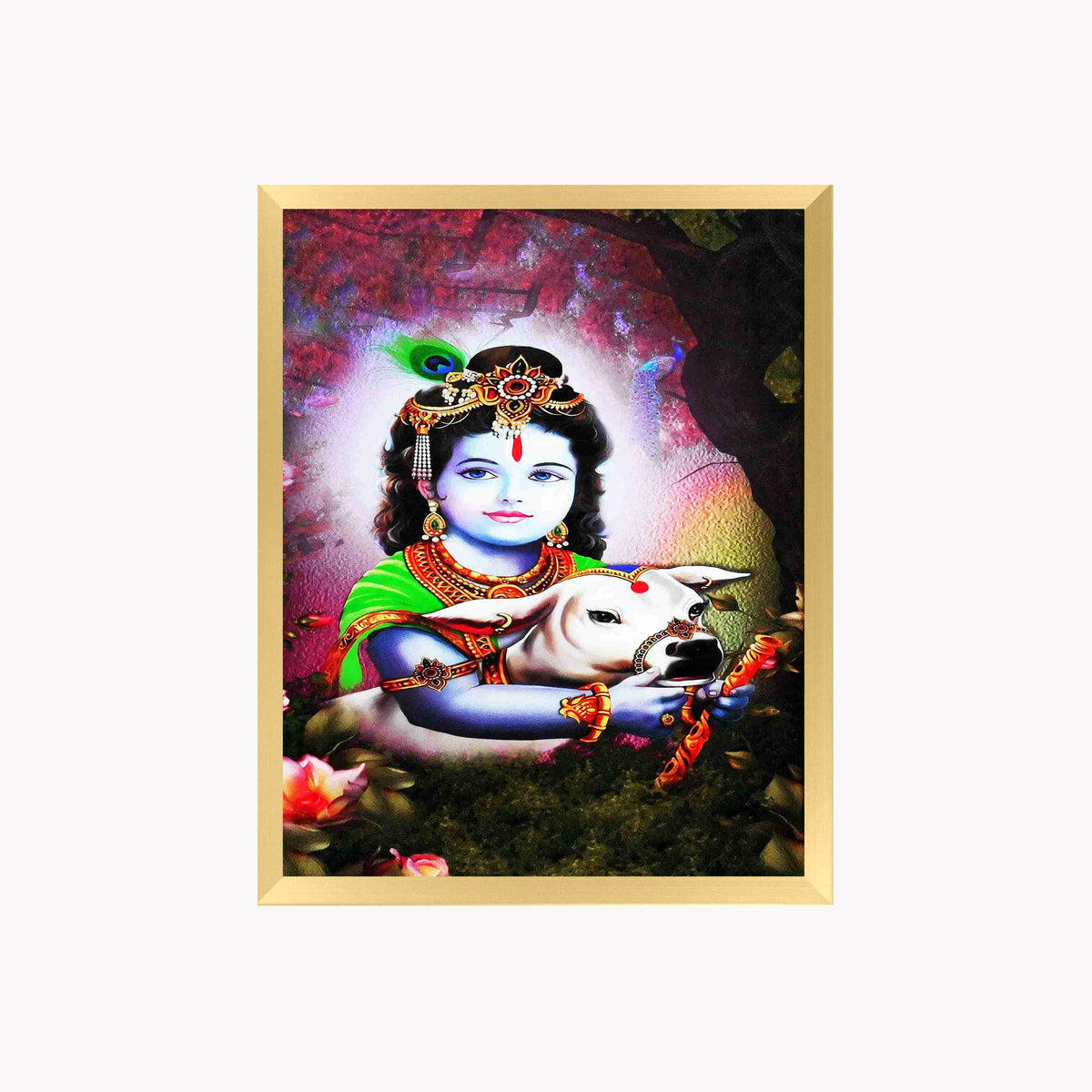 Bal Krishna with Cow Wall Art – Lord Krishna Hindu God Devotional Photo Frame