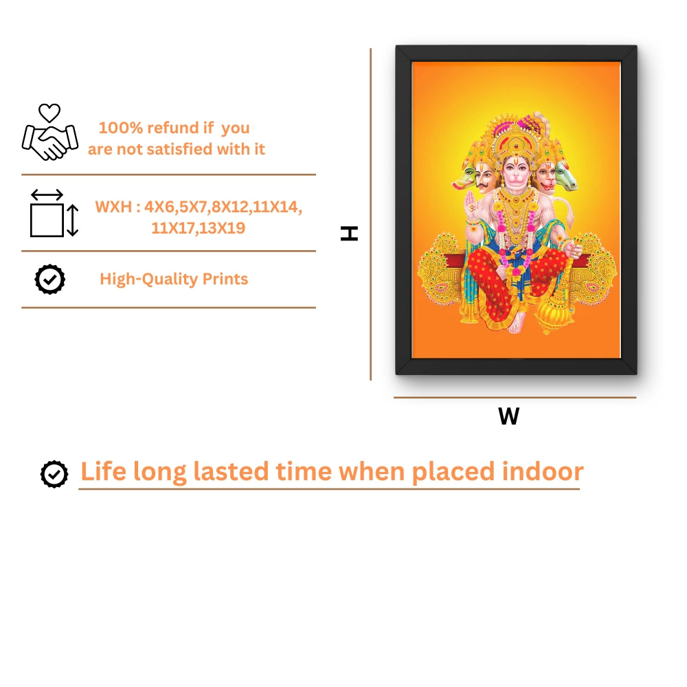 Panchmukhi Hanuman Wall Art – Five-Faced Lord Hanuman Hindu God Framed Photo