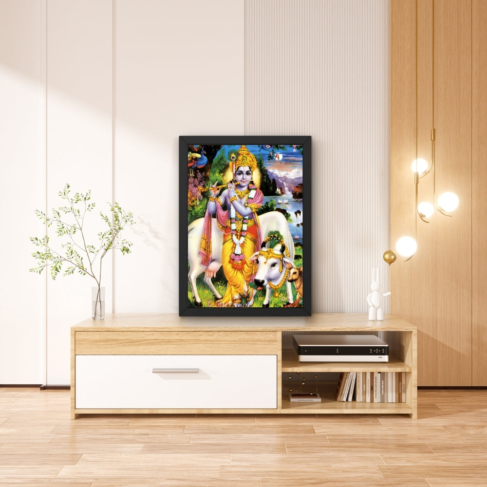 Lord Krishna with Cows Wall Art – Shri Krishna Playing Flute Hindu God Photo Frame