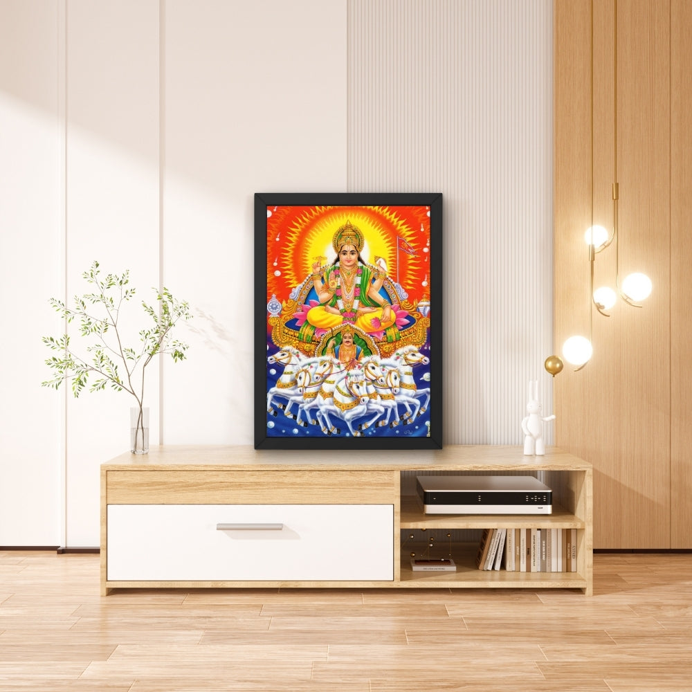 Surya Dev Wall Art – Lord Surya Sun God on Seven Horses Hindu Religious Photo Frame