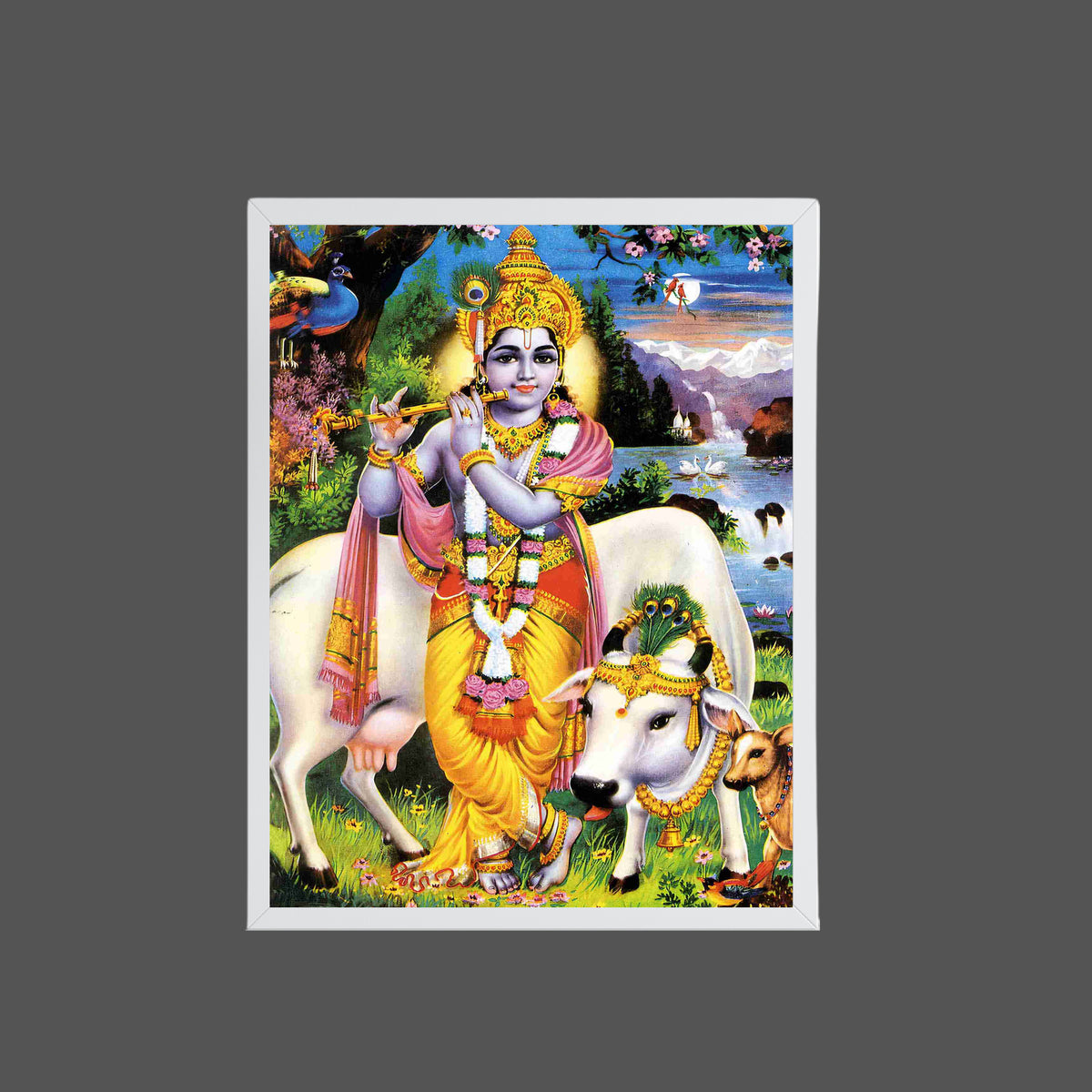 Lord Krishna with Cows Wall Art – Shri Krishna Playing Flute Hindu God Photo Frame