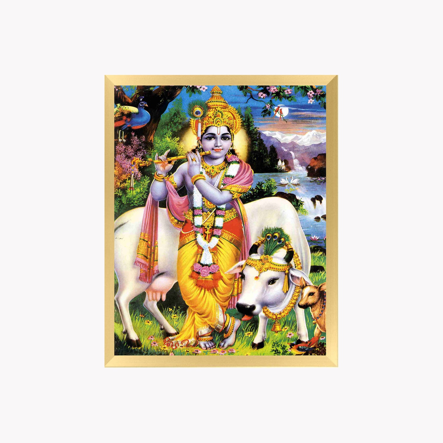 Lord Krishna with Cows Wall Art – Shri Krishna Playing Flute Hindu God Photo Frame