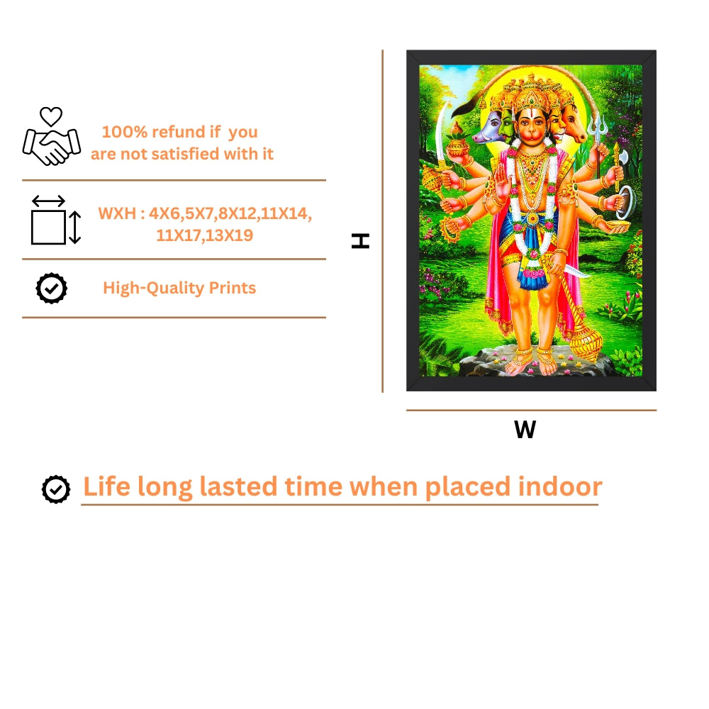 Panchmukhi Hanuman Wall Art – Five-Faced Lord Hanuman Hindu God Framed Photo